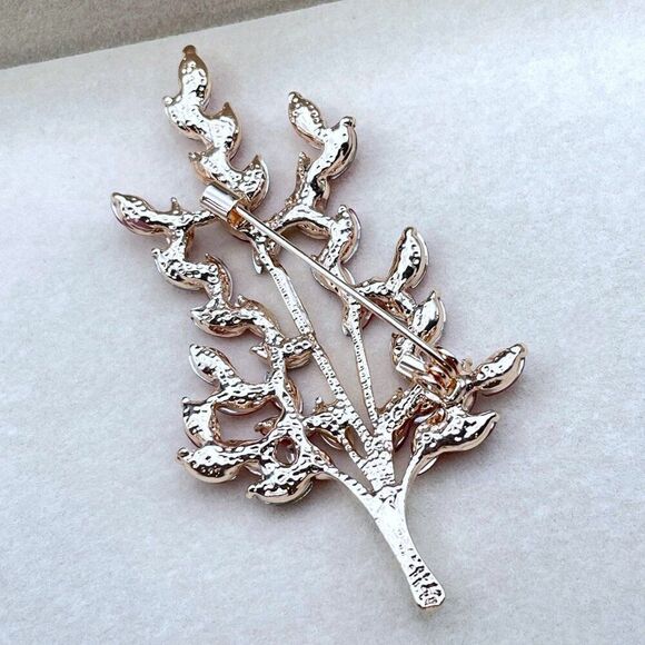 Rose Gold with Ruby Red Crystal Tree Branch with Leaves Pin Back Brooch - Picture 8 of 9